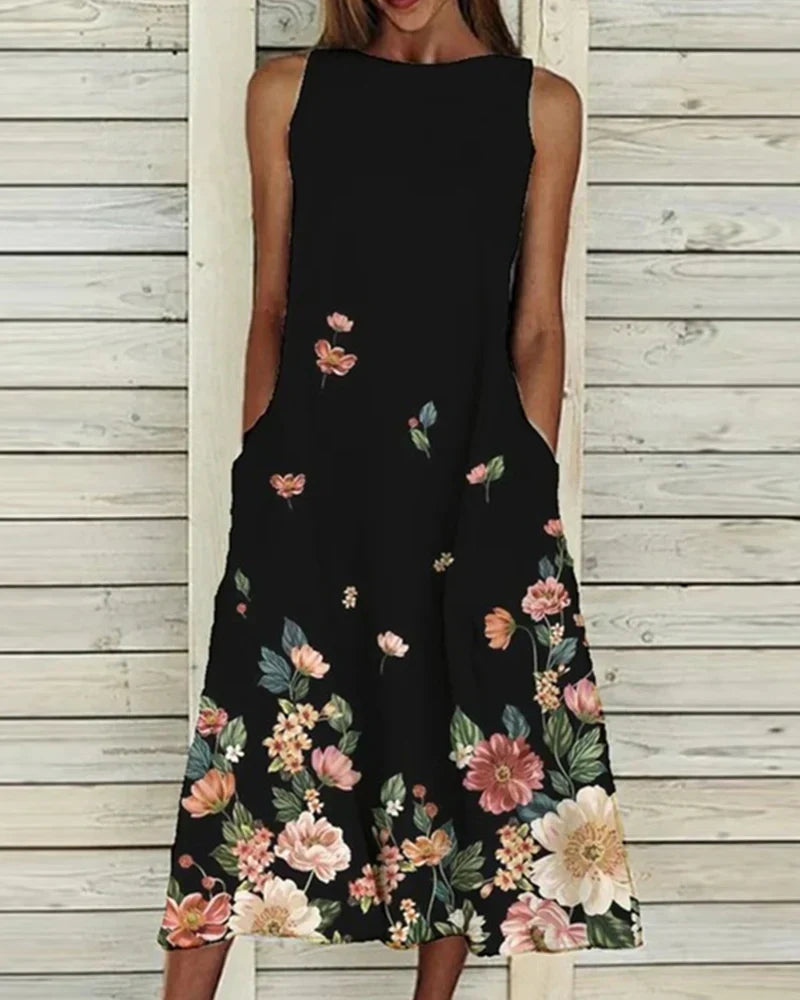 Damen Ärmelloses Blumen Midi Kleid Rundhals