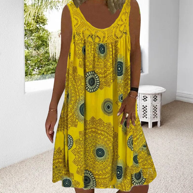 Damen Ärmelloses O-Ausschnitt Kleid Sommer Druck dunkelblau