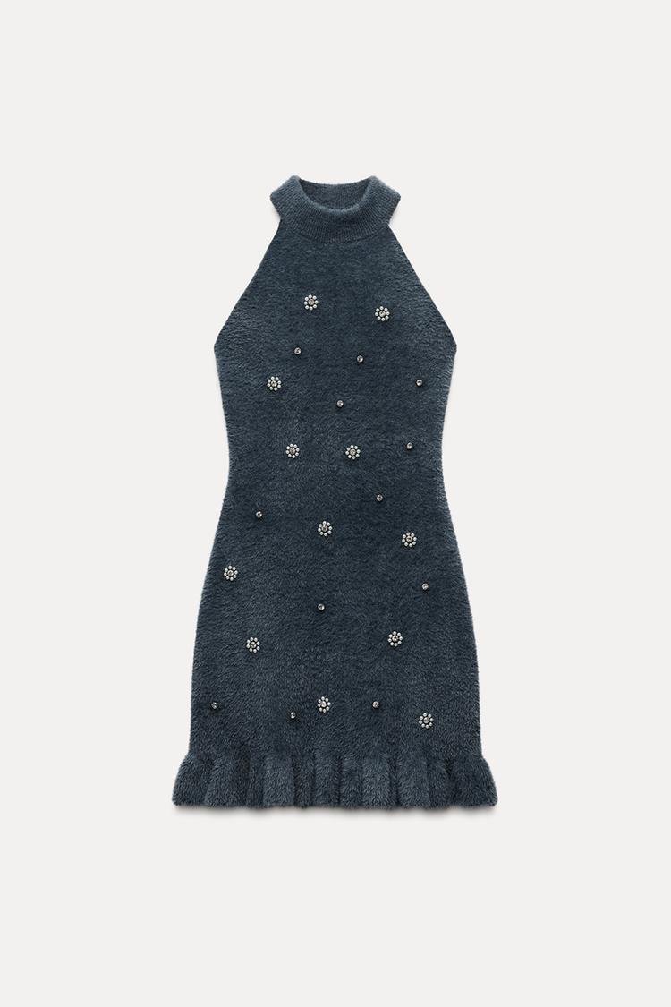 Damen Strick Minikleid mit Perlen Rüschensaum - Norvielle