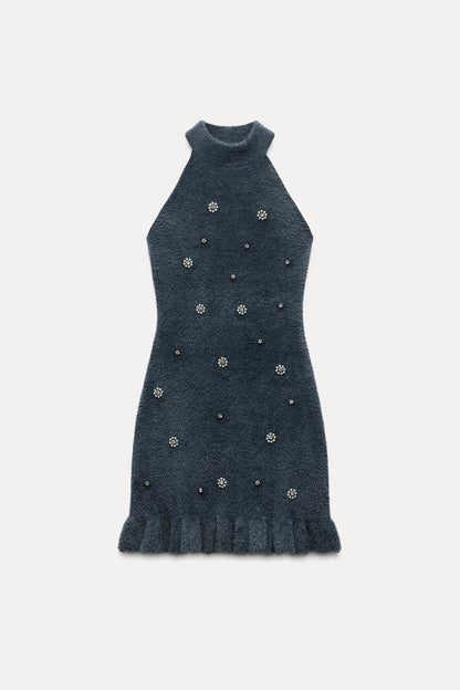 Damen Strick Minikleid mit Perlen Rüschensaum - Norvielle