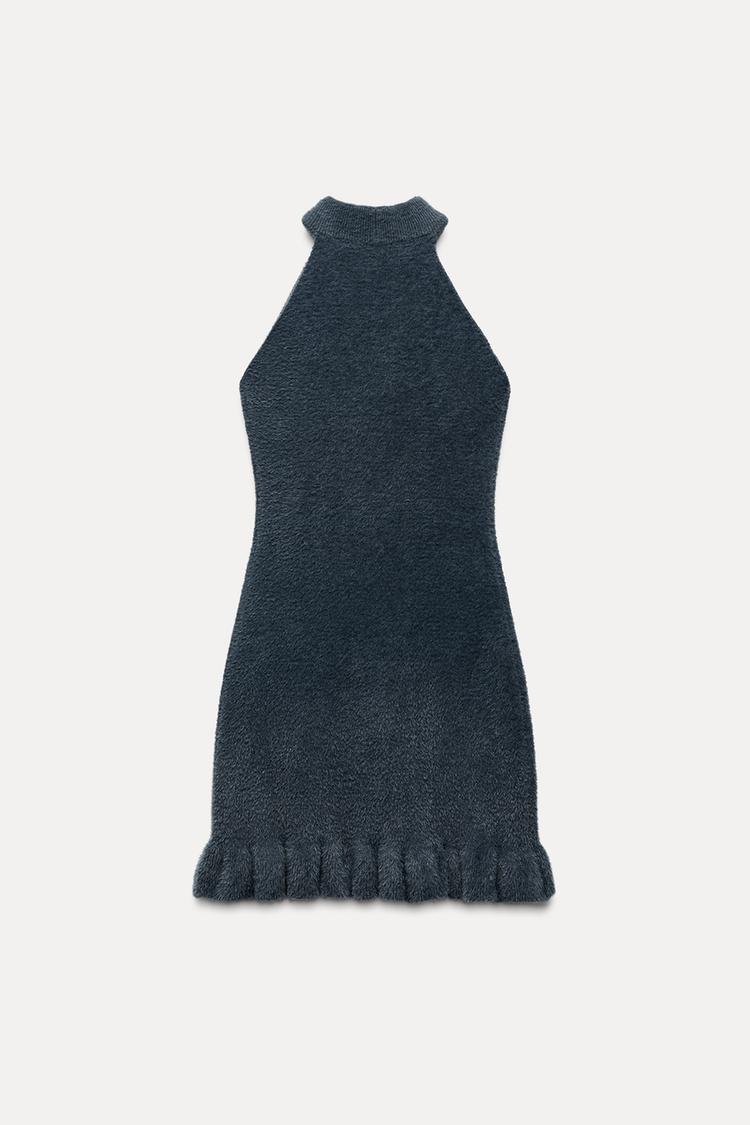 Damen Strick Minikleid mit Perlen Rüschensaum