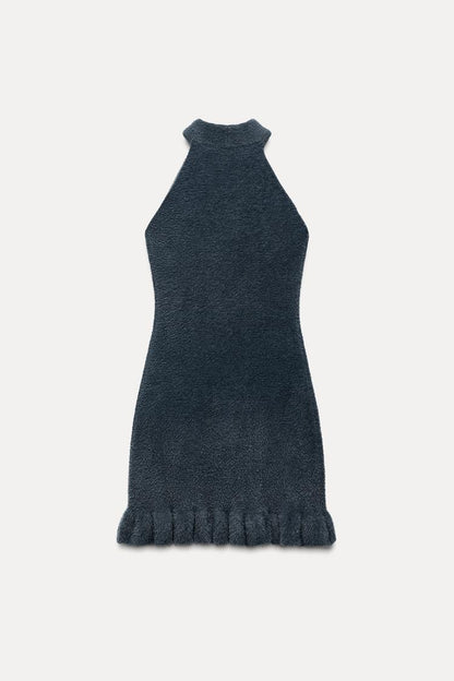 Damen Strick Minikleid mit Perlen Rüschensaum