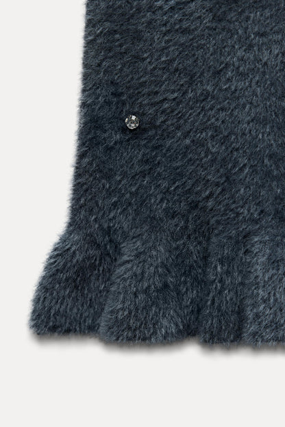 Damen Strick Minikleid mit Perlen Rüschensaum