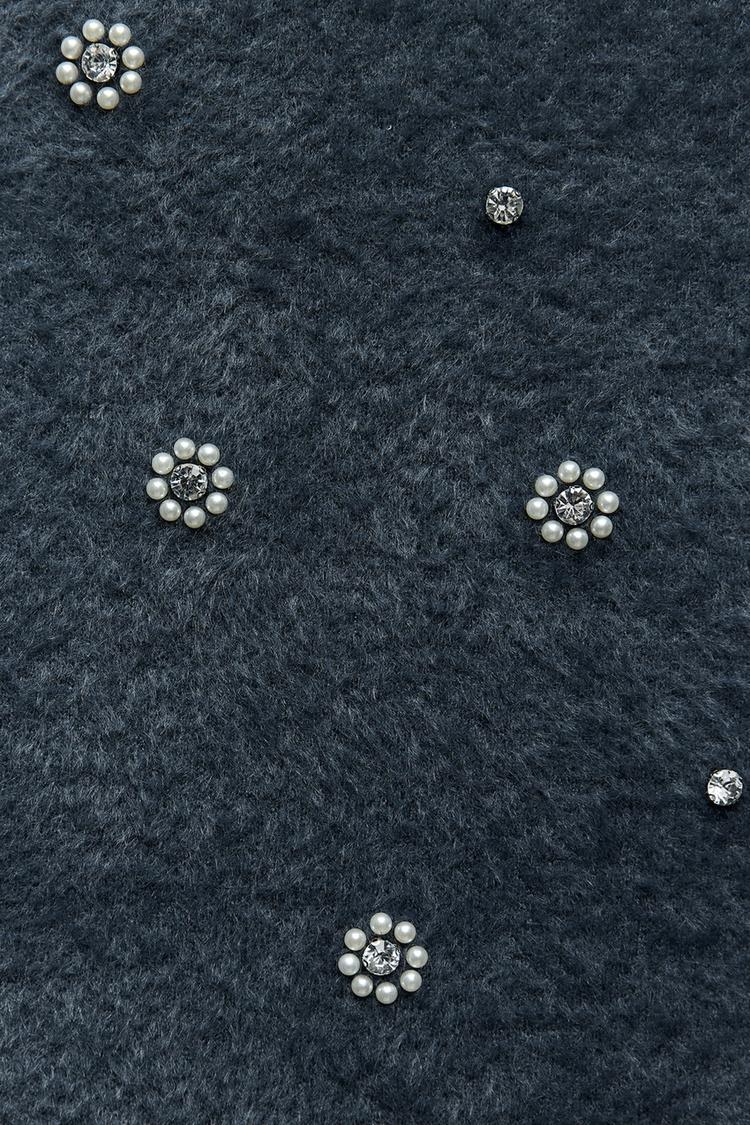 Damen Strick Minikleid mit Perlen Rüschensaum
