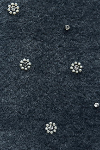 Damen Strick Minikleid mit Perlen Rüschensaum