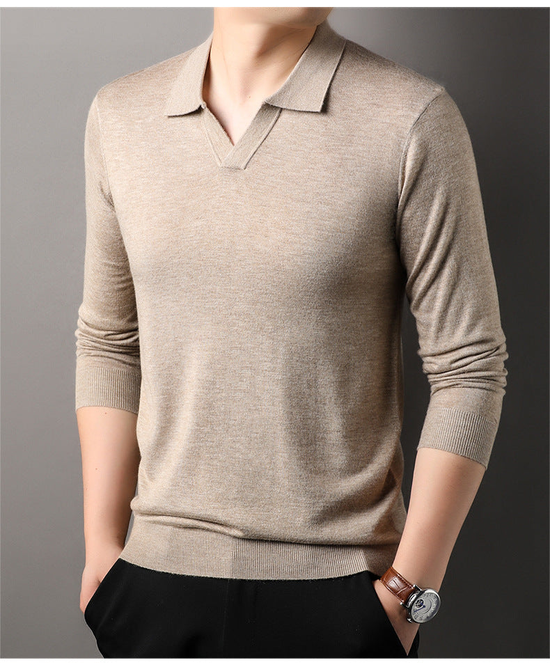 Herren Polo-Shirt V-Ausschnitt Langarm Baumwolle Weiß - Norvielle