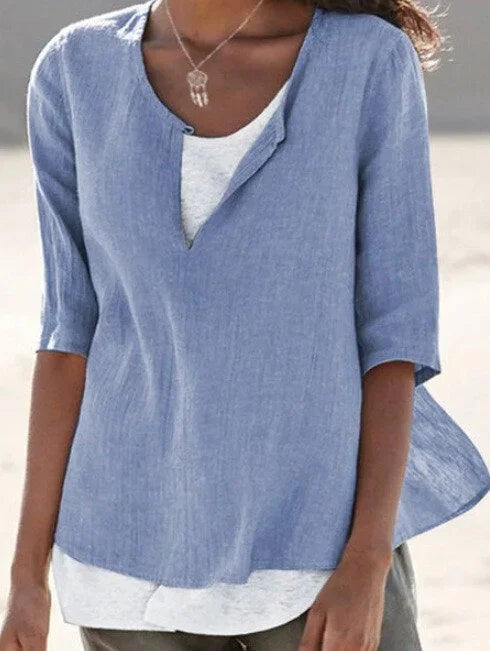 Damen Leinenbluse Sommer Unifarbe Halbärmel - Norvielle