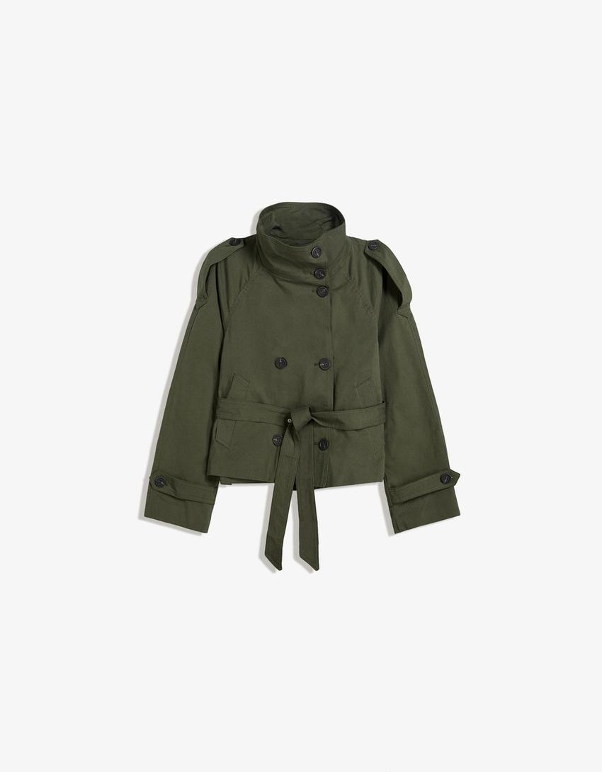 Navorra Damen Trenchcoat Kurz Leder Gürtel Hochschließend