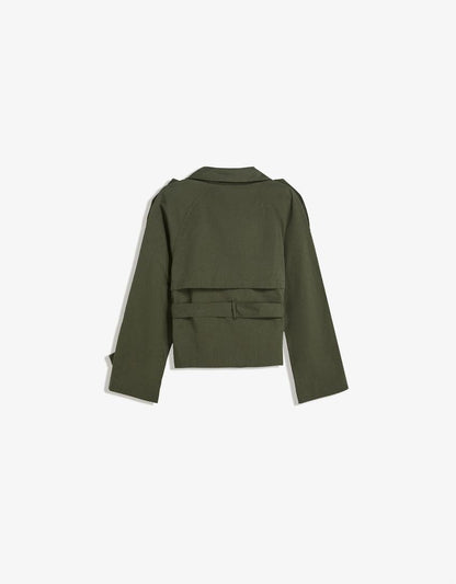 Navorra Damen Trenchcoat Kurz Leder Gürtel Hochschließend