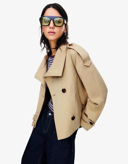 Navorra Damen Trenchcoat Kurz Leder Gürtel Hochschließend Schwarz - Norvielle