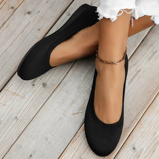 Damen Flache Schuhe Runde Zehenpartie Leder Schwarz - Eveloria