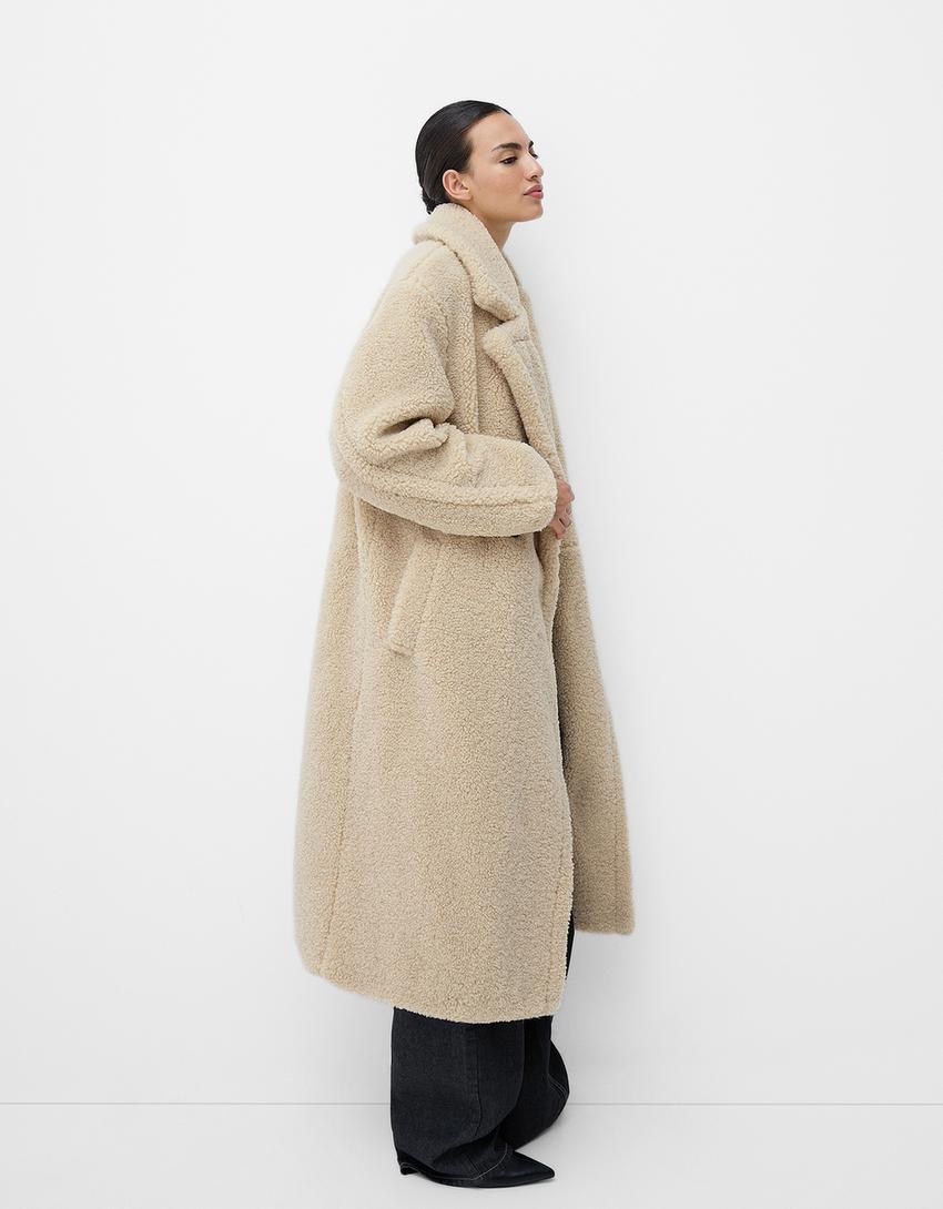 Damen Oversized Teddyfell Wintermantel Reverskragen Knopfverschluss