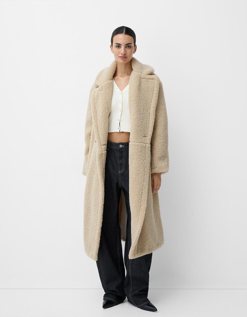 Damen Oversized Teddyfell Wintermantel Reverskragen Knopfverschluss