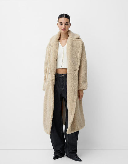 Damen Oversized Teddyfell Wintermantel Reverskragen Knopfverschluss