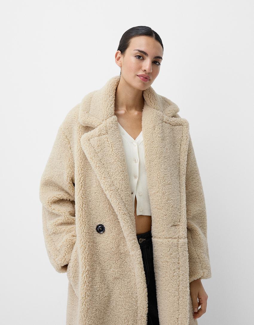 Damen Oversized Teddyfell Wintermantel Reverskragen Knopfverschluss - Norvielle