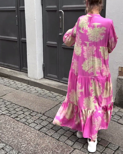 Damen Maxi-Kleid mit Blumenprint Volantärmeln Stehkragen Leicht