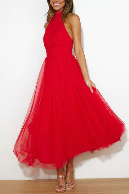 Elegantes Damen Tüllkleid Halterneck Mittellang A-Linie Weiß