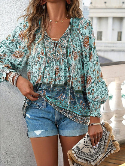 Damen Boho Bluse Blumenmuster Lange Ärmel Bindekragen