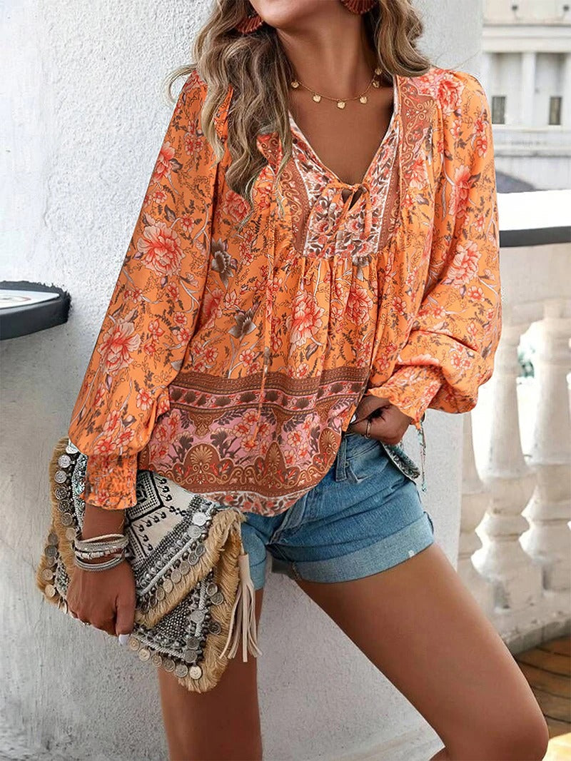 Damen Boho Bluse Blumenmuster Lange Ärmel Bindekragen