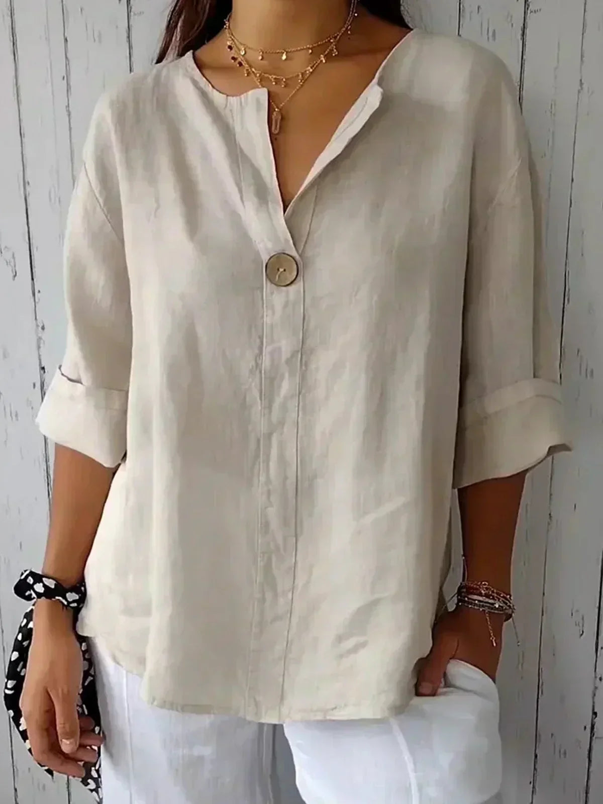 Damen Leinenbluse V-Ausschnitt Knopf Leicht Beige - Norvielle
