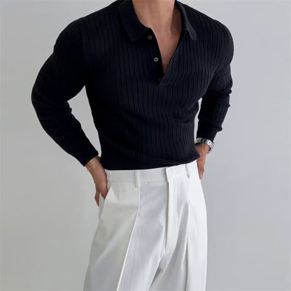 Herren Langarm Polo-Shirt Gerippt Knopfleiste Weiß