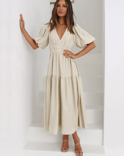 Damen Sommer-Midikleid V-Ausschnitt Puffärmel Einfarbig - Norvielle