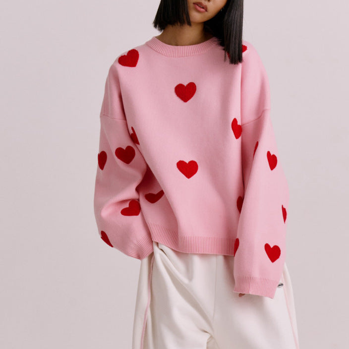 Damen Strick Sweatshirt Herzmuster Langarm Übergröße - Norvielle