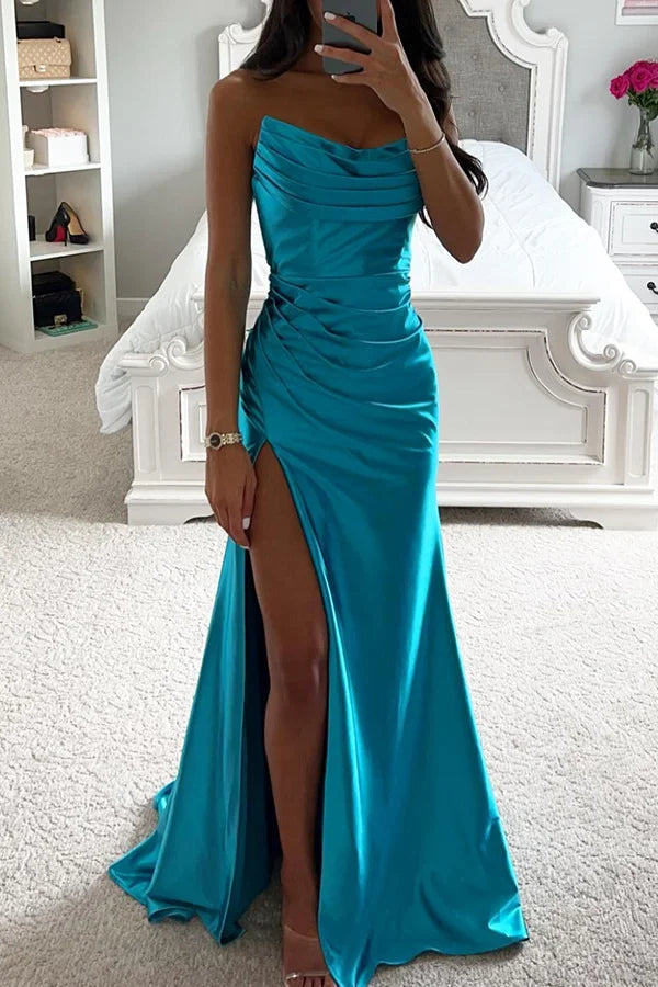 Norvielle Damen Abendkleid Satin Off-Shoulder Maxi Glänzend