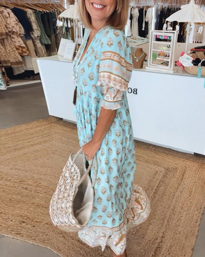 Damen Bedrucktes Sommerkleid V-Ausschnitt Halbärmel