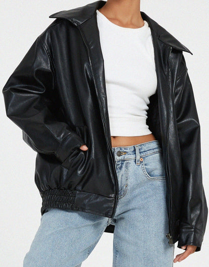 Damen Oversized Lederjacke PU-Kunstleder