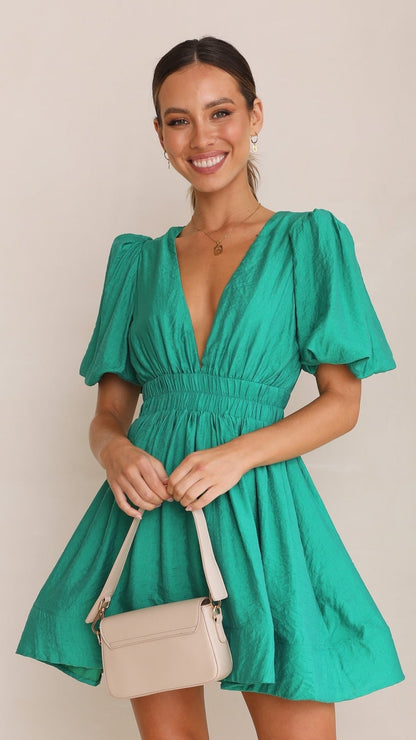 Damen Minikleid Puffärmel Rosa