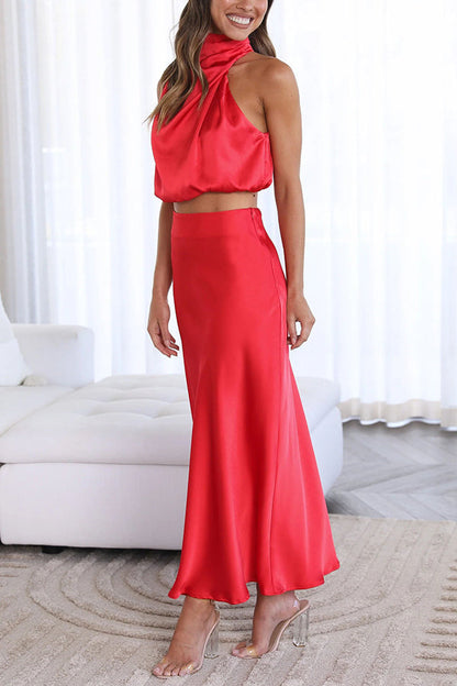 Damen Satin Maxirock Set Neckholder