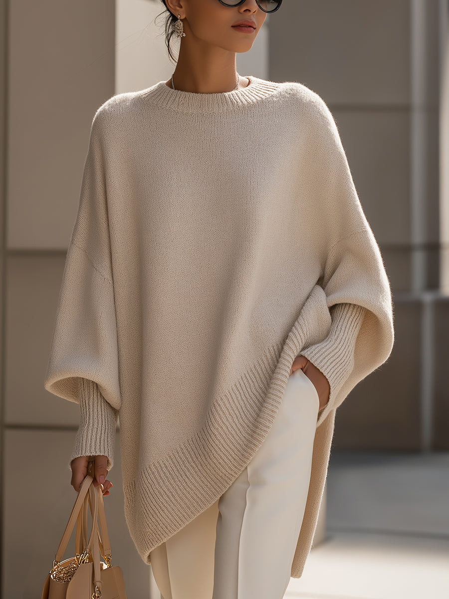 Damen Oversize Strickponcho Elegantes Design Beige