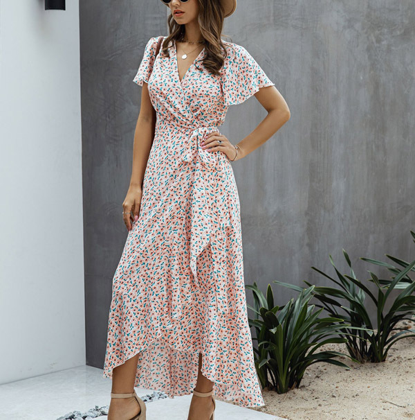 Damen Blumenkleid V-Ausschnitt Rüschen Sommerlich Elegantes Design