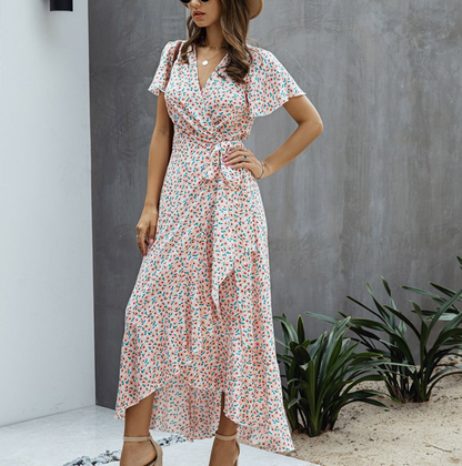 Damen Blumenkleid V-Ausschnitt Rüschen Sommerlich Elegantes Design