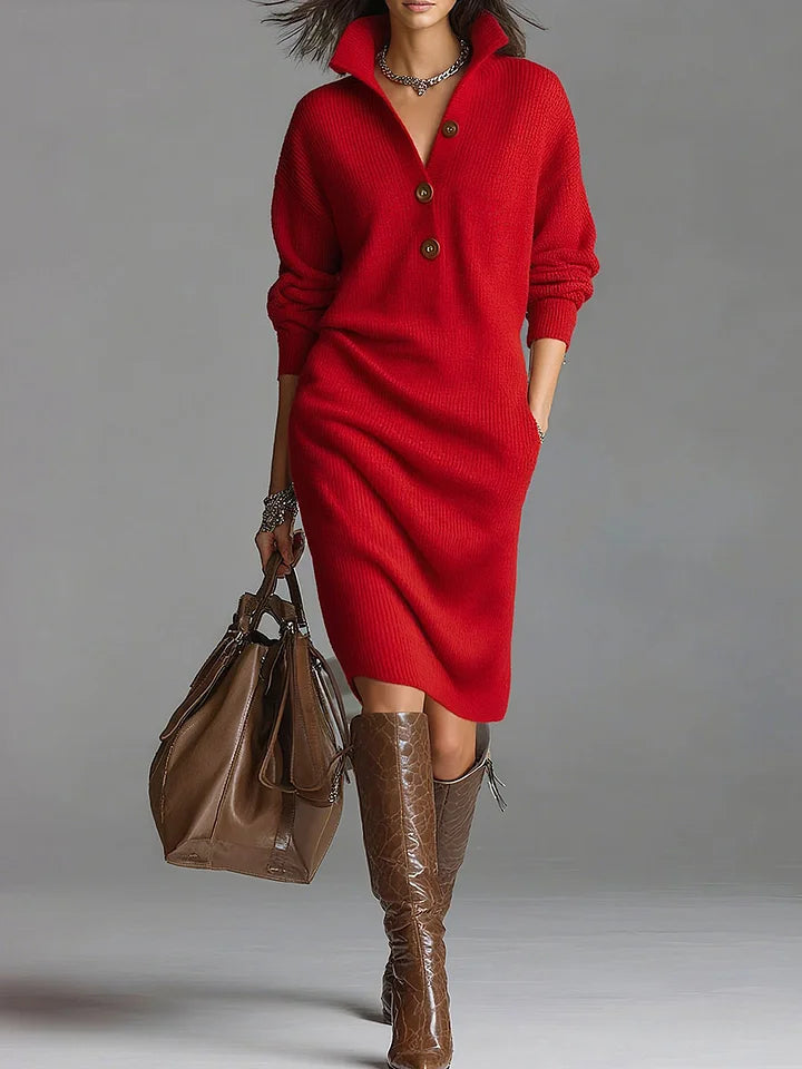 Damen Midikleid Rippstruktur Knopfleiste