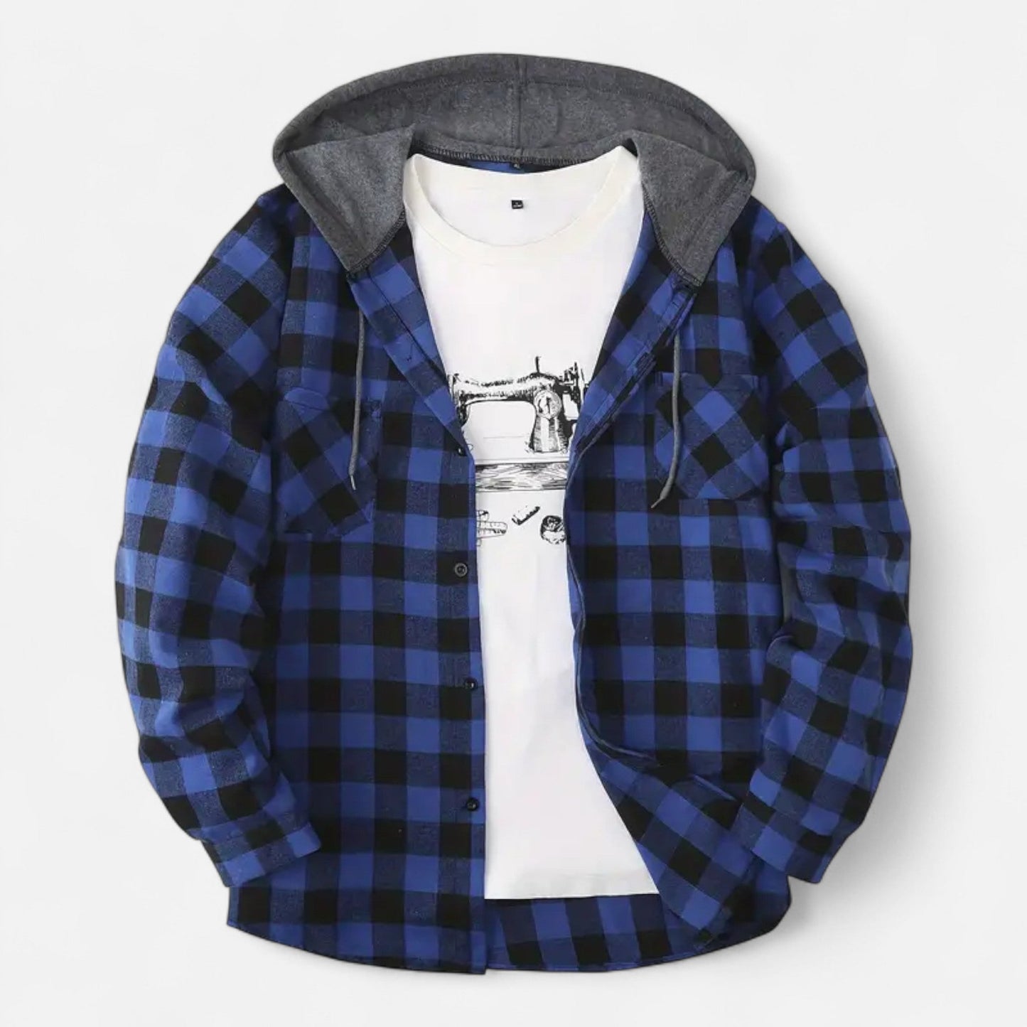 Herren Karo-Hoodie mit Knöpfen und Kordelzug