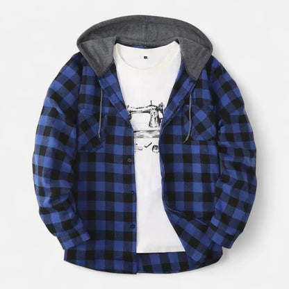Herren Karo-Hoodie mit Knöpfen und Kordelzug