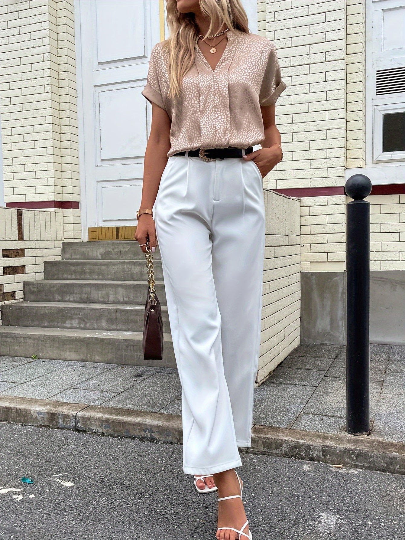 Damen Bluse V-Ausschnitt Kurzärmel Büro Bluse Weiße oder
