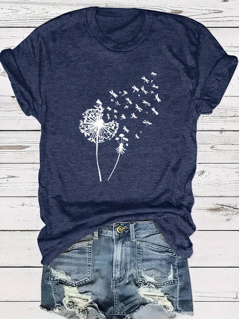 Norvielle Damen T-Shirt Löwenzahn-Print Rundhals Weiss