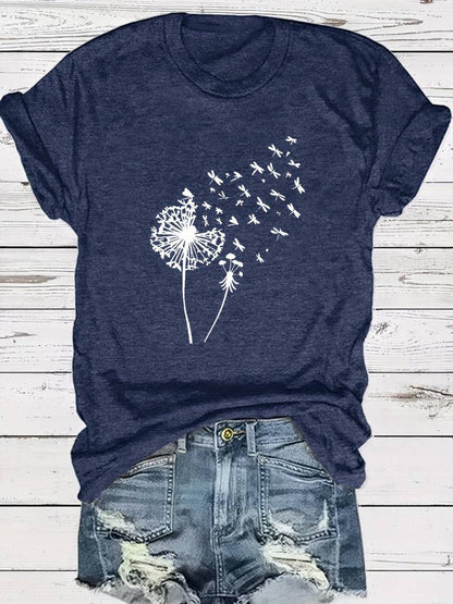 Norvielle Damen T-Shirt Löwenzahn-Print Rundhals Weiss