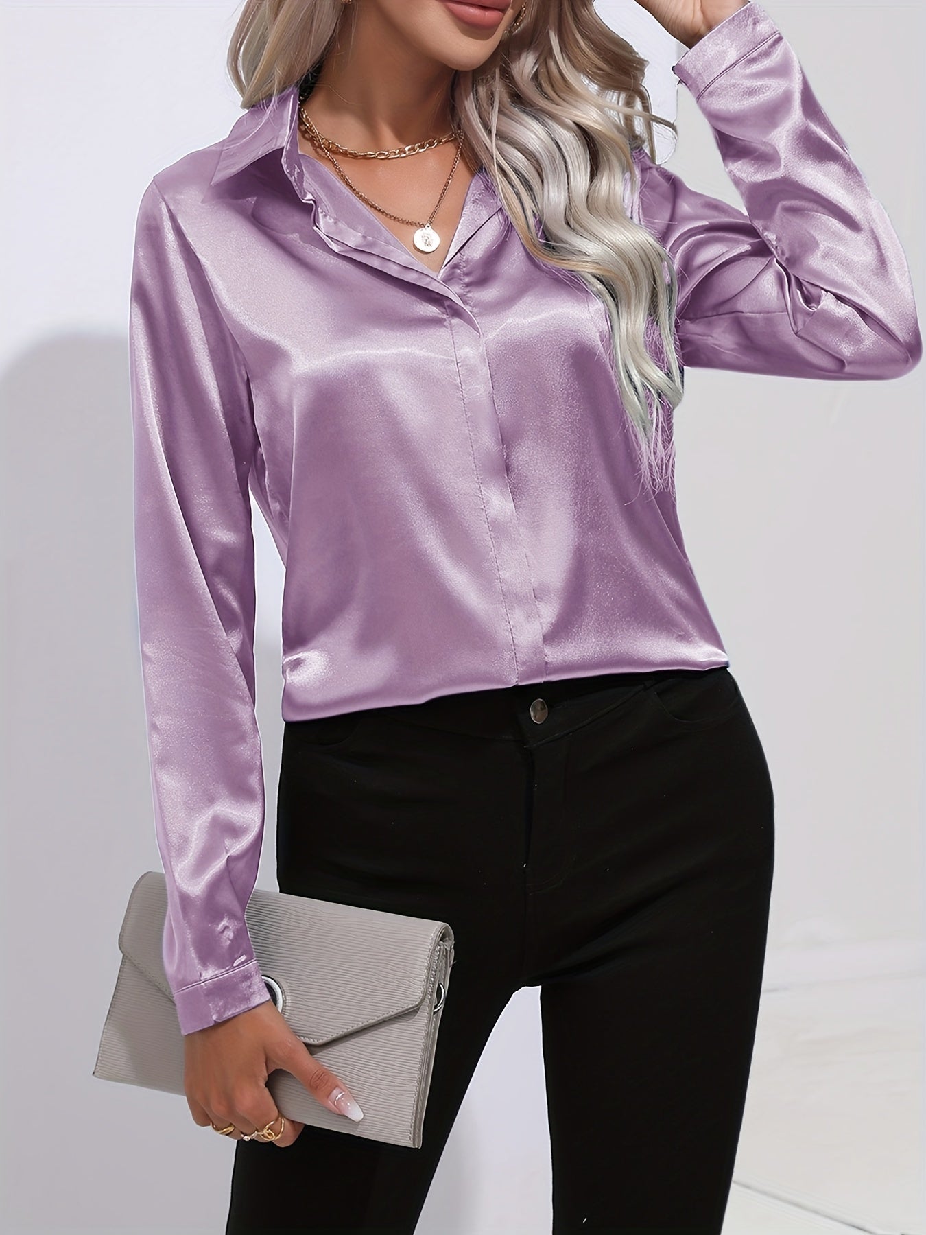 Avelyn Damen Satin-Bluse Reverskragen Knopfleiste Eleganz