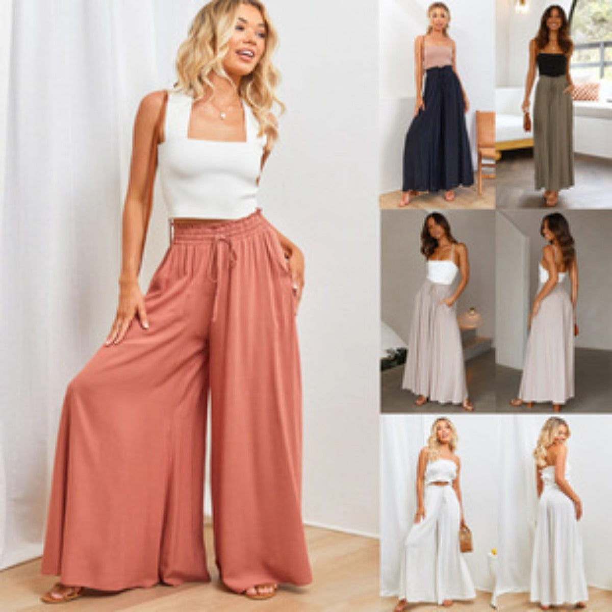 Elastischer Damen Gürtelhose Weite Bein Hohe Taille Schwarz - Norvielle