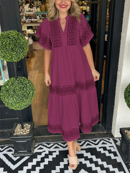 Damen Ibiza Style Midi Kleid V-Ausschnitt Weite Ärmel Lockere Passform