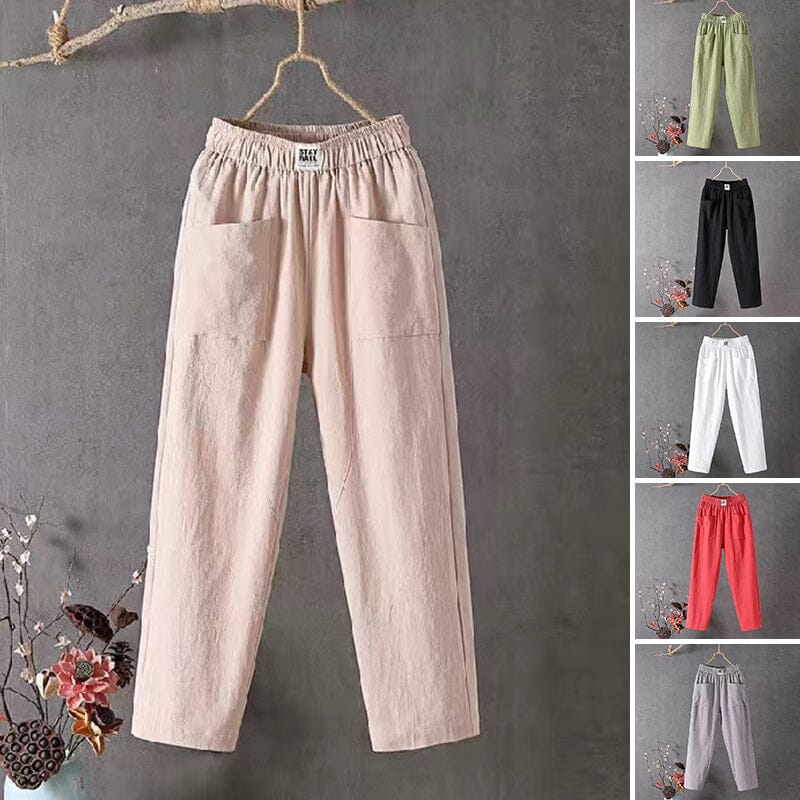 Lässige Damen Leinenhose Baumwoll Elastischer Bund Beige