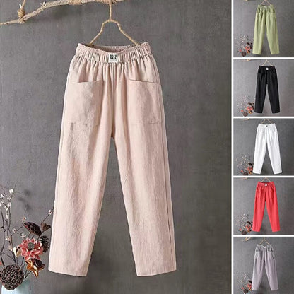 Lässige Damen Leinenhose Baumwoll Elastischer Bund Beige