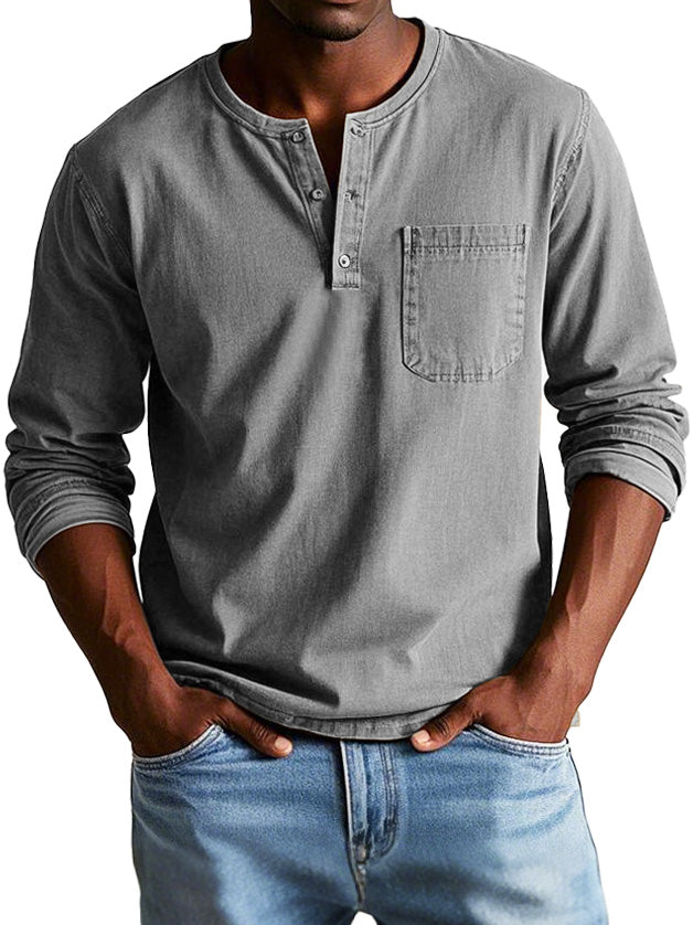 Herren Langarm Henley T-Shirt mit Brusttasche - Eveloria