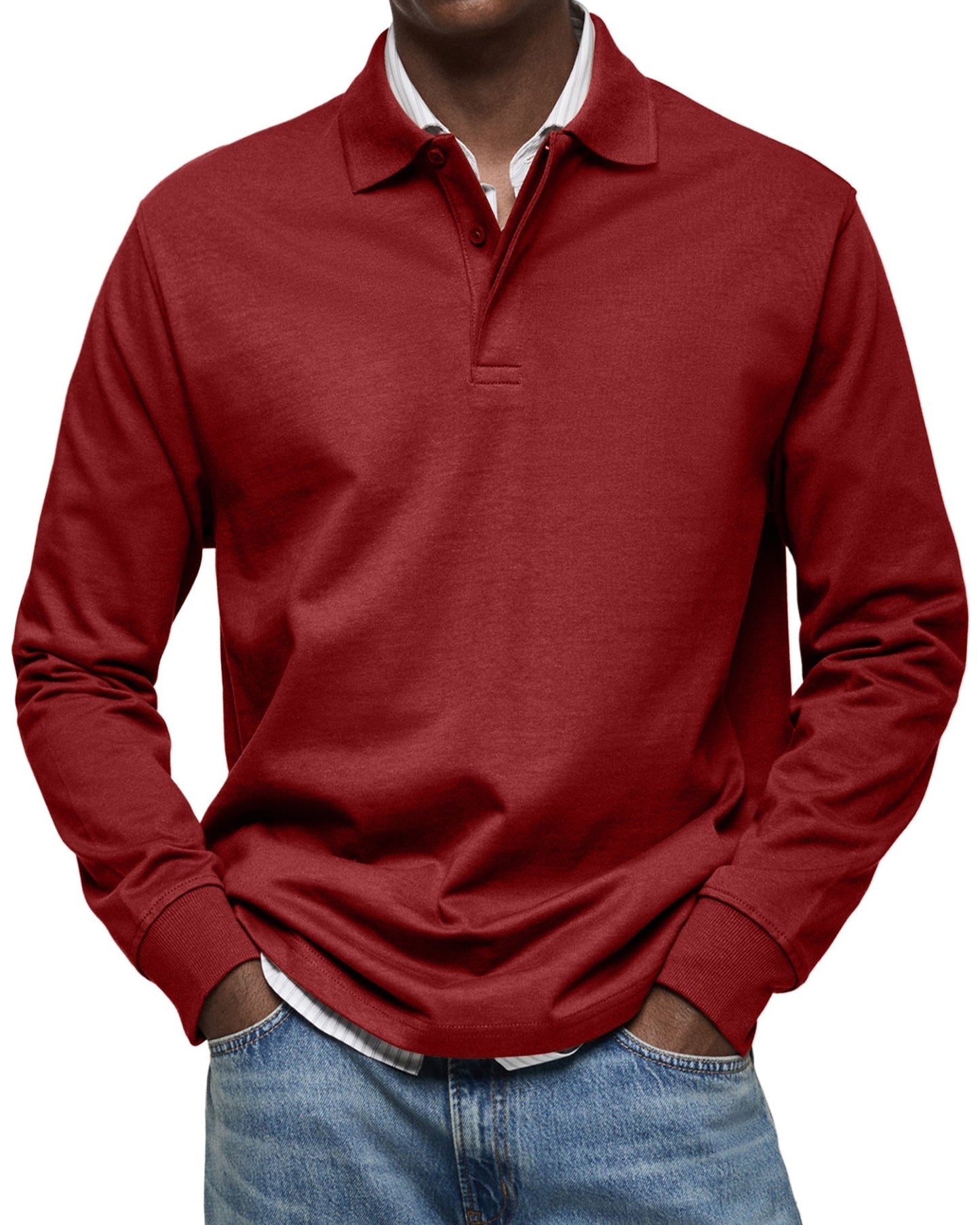 Herren Langarm-Poloshirt Knopfleiste Klassisch Weiß