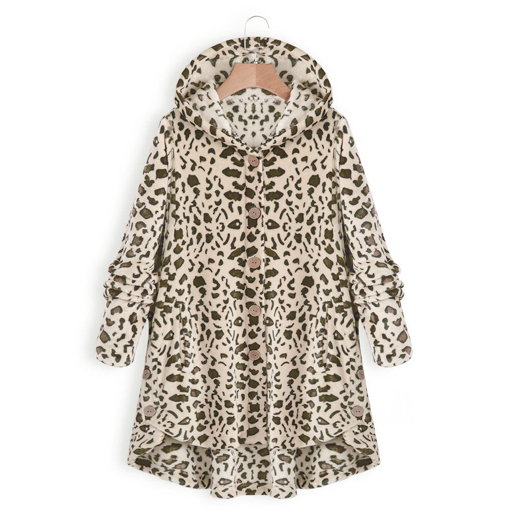 Damen Kapuzenjacke Tiermuster Knopfdetails