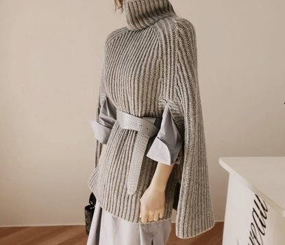 Damen Strickponcho mit hohem Kragen und Schlitzen Norvielle
